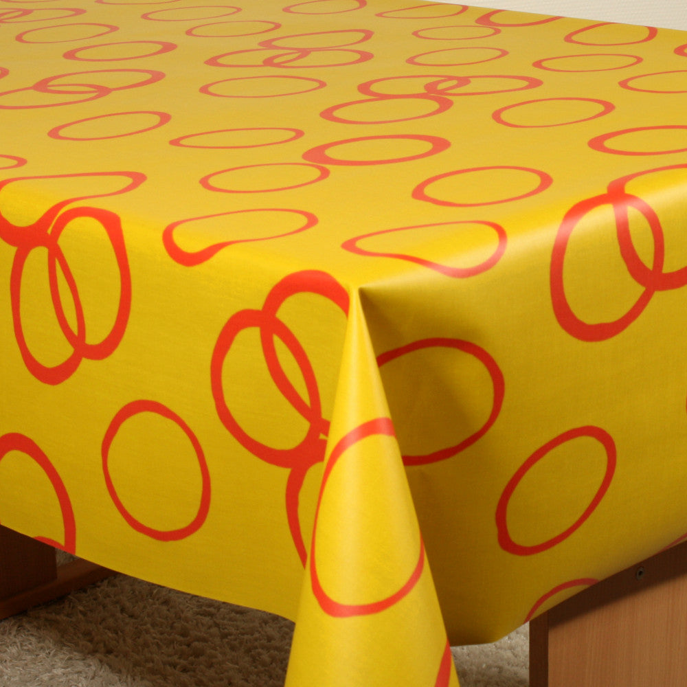 Røde Cirkler og Solgul Baggrund - tekstilvoksdug, 140 cm