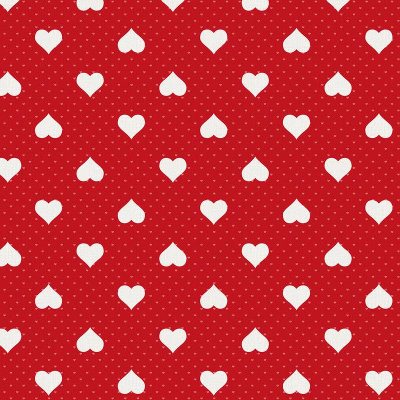Romance, rød voksdug med hvide hjerter
