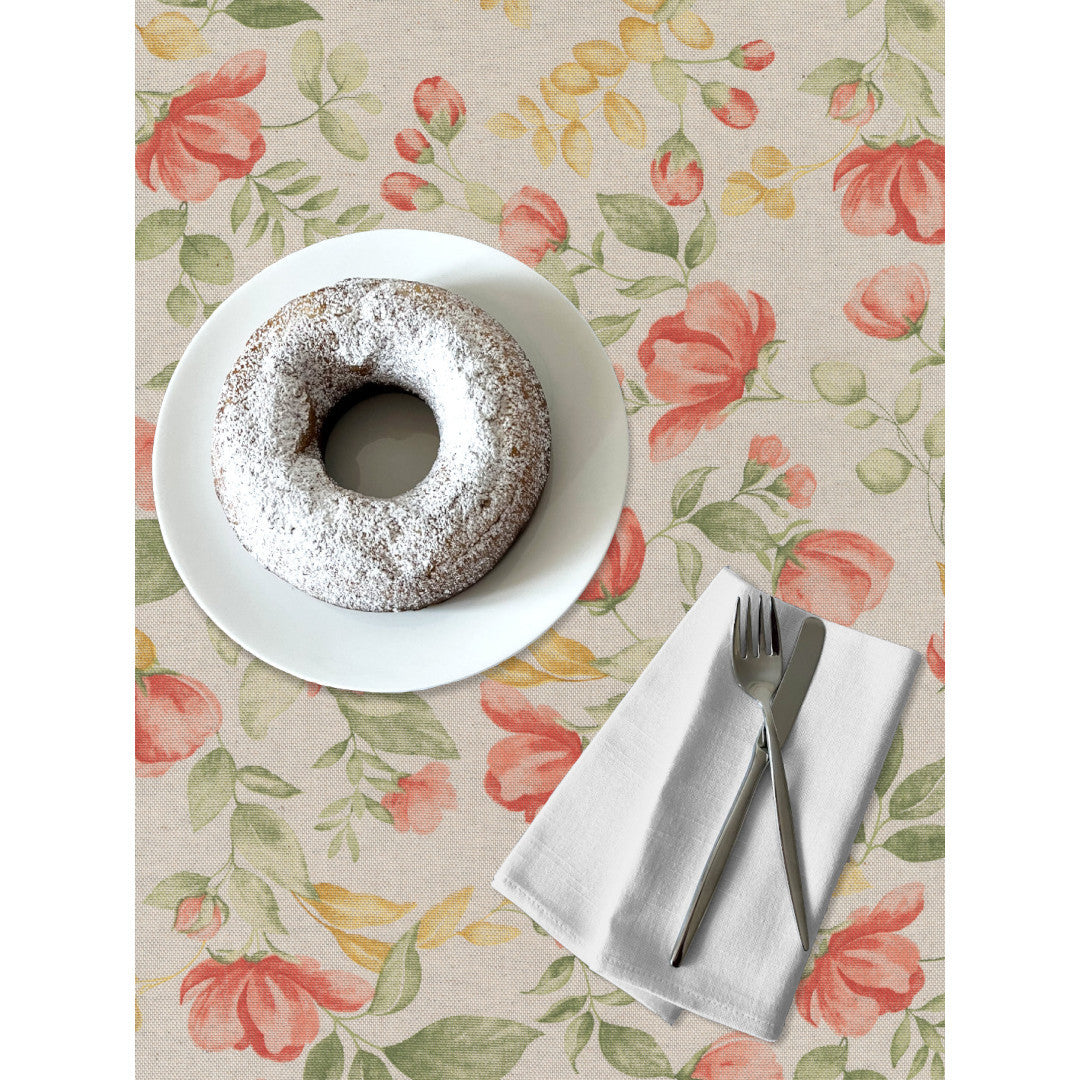 Roselia - Akryldug i hørlook med romantiske blomster, detaljer