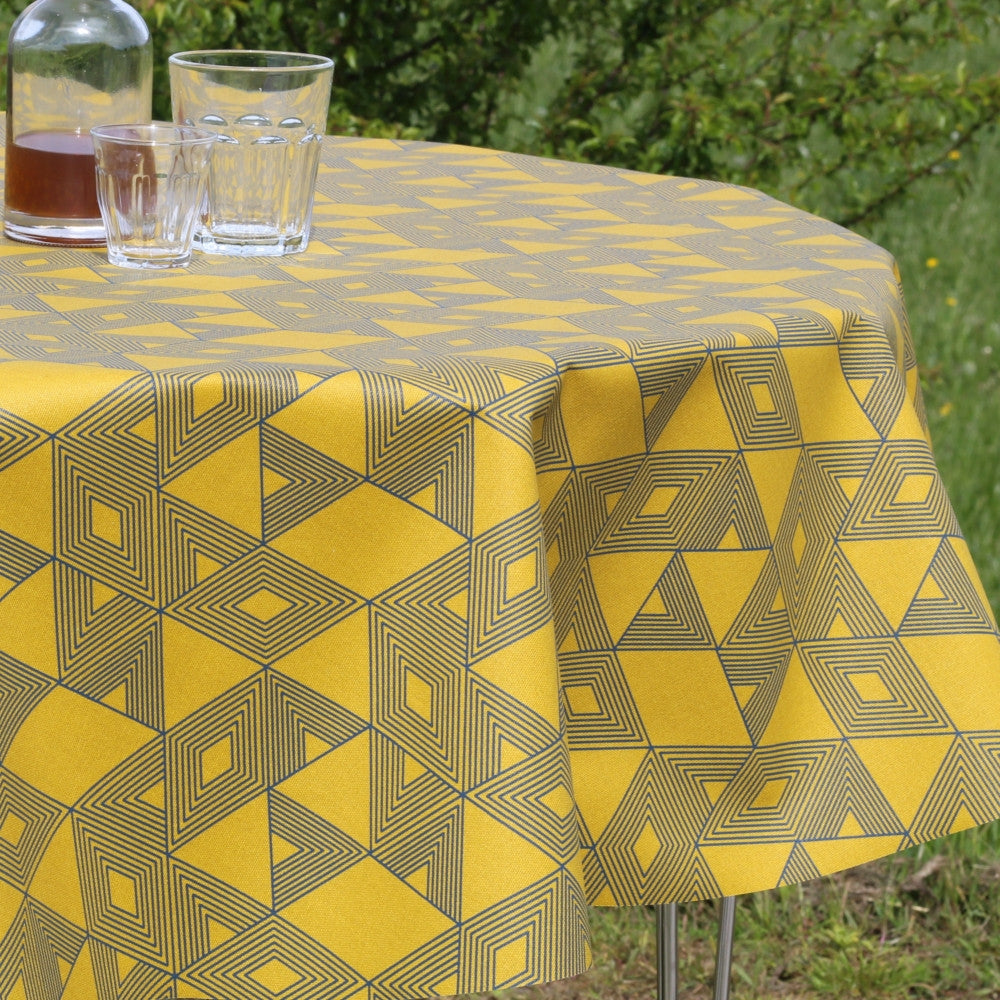 Cuzco Karry-gul/blå, akryldug med flot grafisk mønster - 140 cm bred