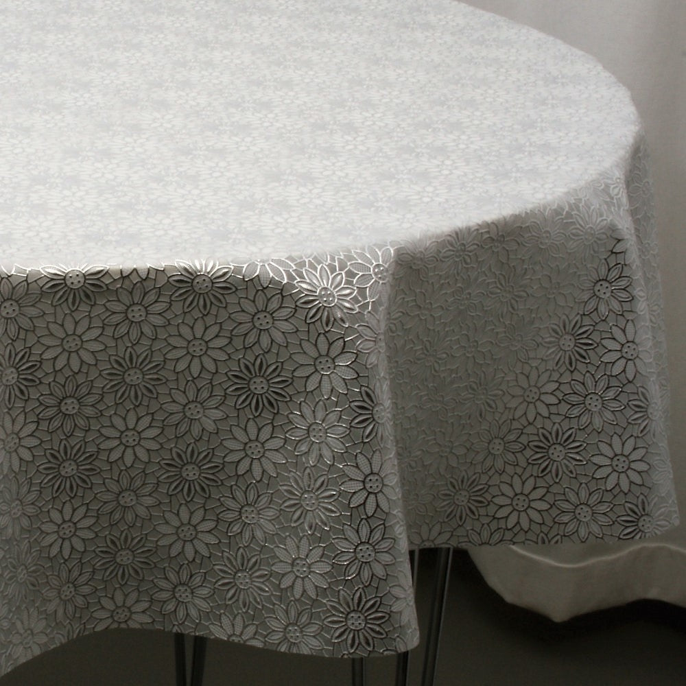 Rund blondevoksdug, hvid med sølvblomst