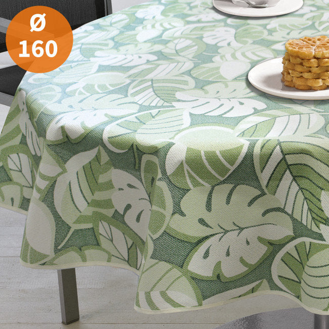 Tropical Leaves Green Ø 160 cm - Rund sommerdug til havebordet