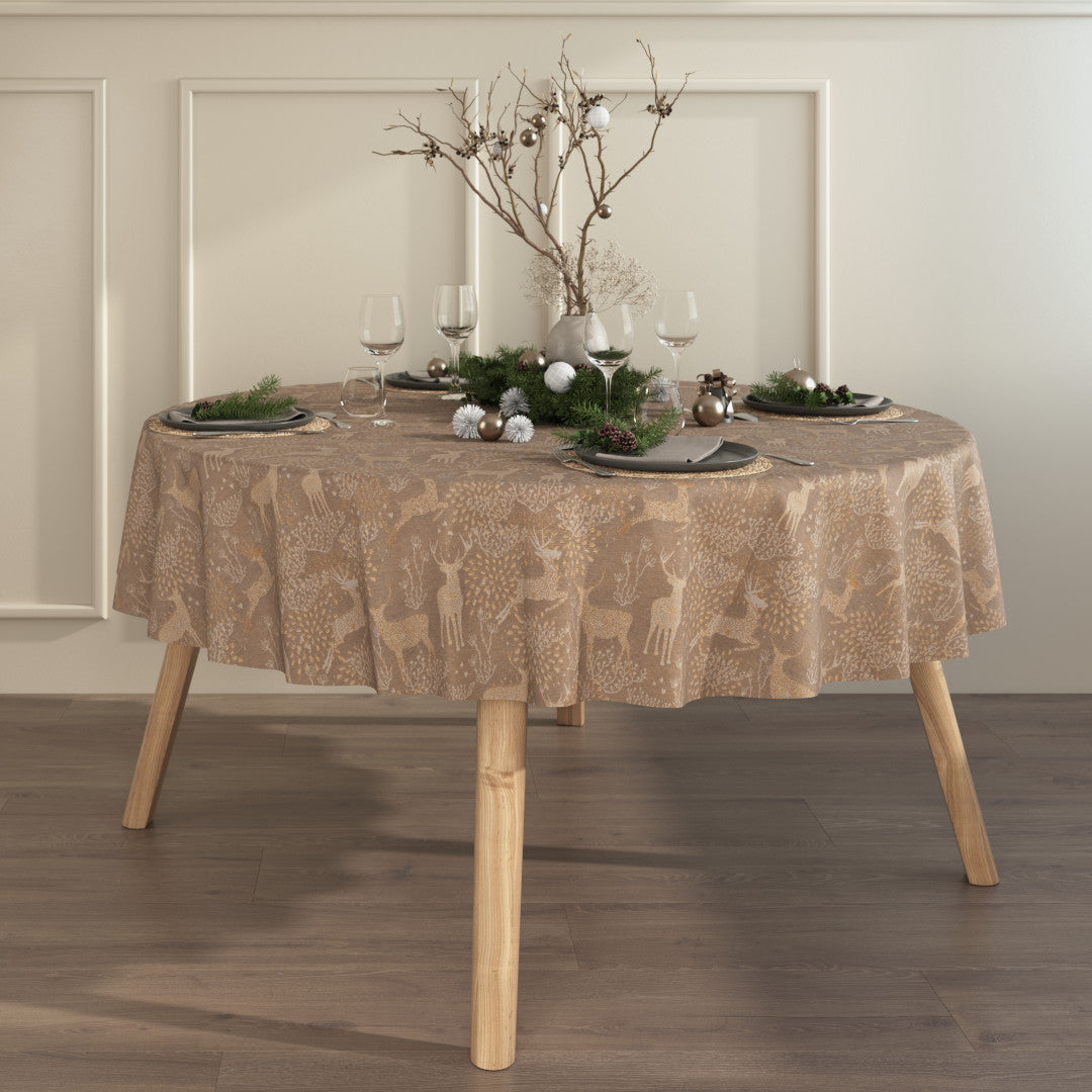 Rund sandfarvet juledug Golden Reindeers med gyldne, dekorative rensdyr