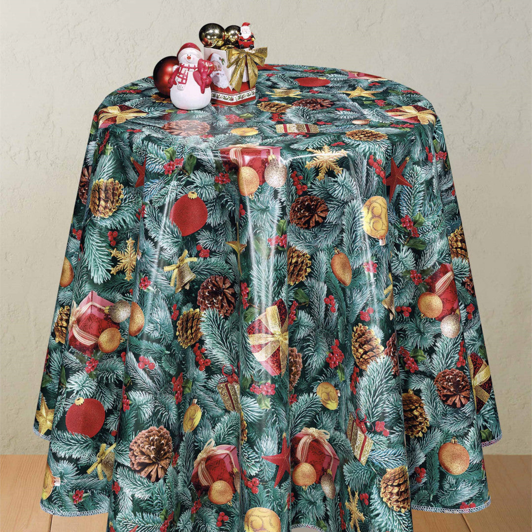 Rund julevoksdug med pyntegran og juletræspynt