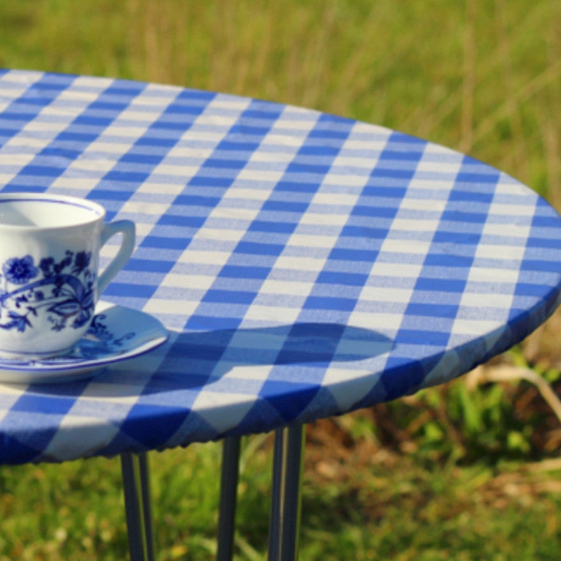 Blå/Hvid Ternet rund voksdug med elastik - Til bord Ø 60 - Ø 130 cm