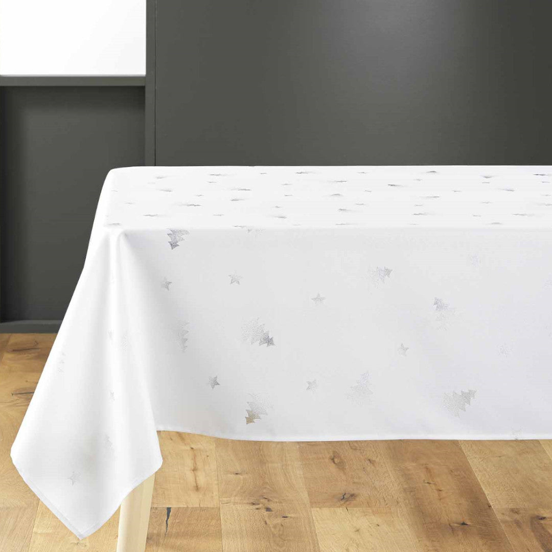 Safir 240 cm, hvid juledug på bord med sølvprint