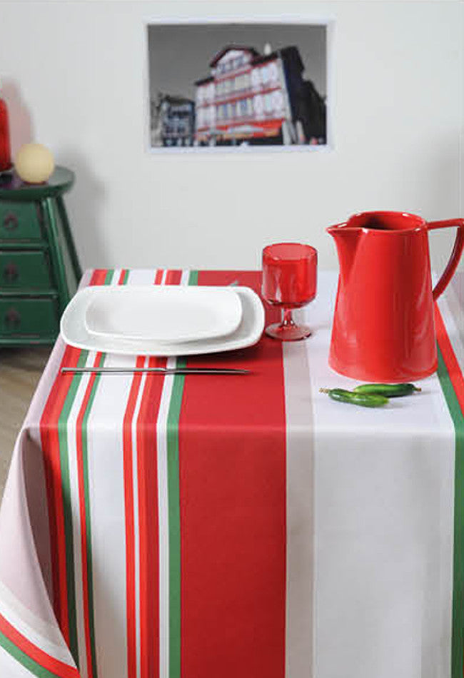 Fransk akryldug med striber, beige/rød, 155 cm bred