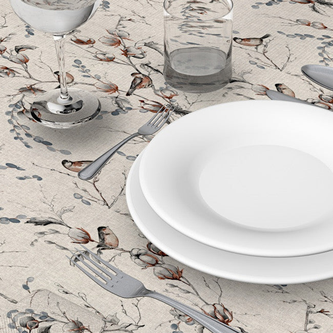 Snebær og Fugle - Akryldug i hørlook, detaljer