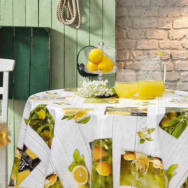 Sommer og Citroner - Rund voksdug med citroner på grå planke bund