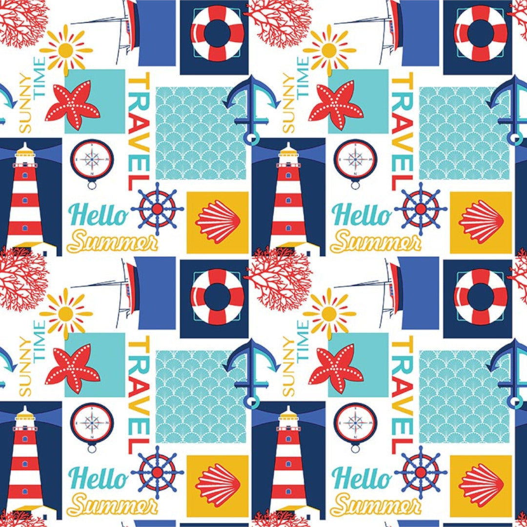 Sommer ved Havet - Hvid voksdug med maritime motiver