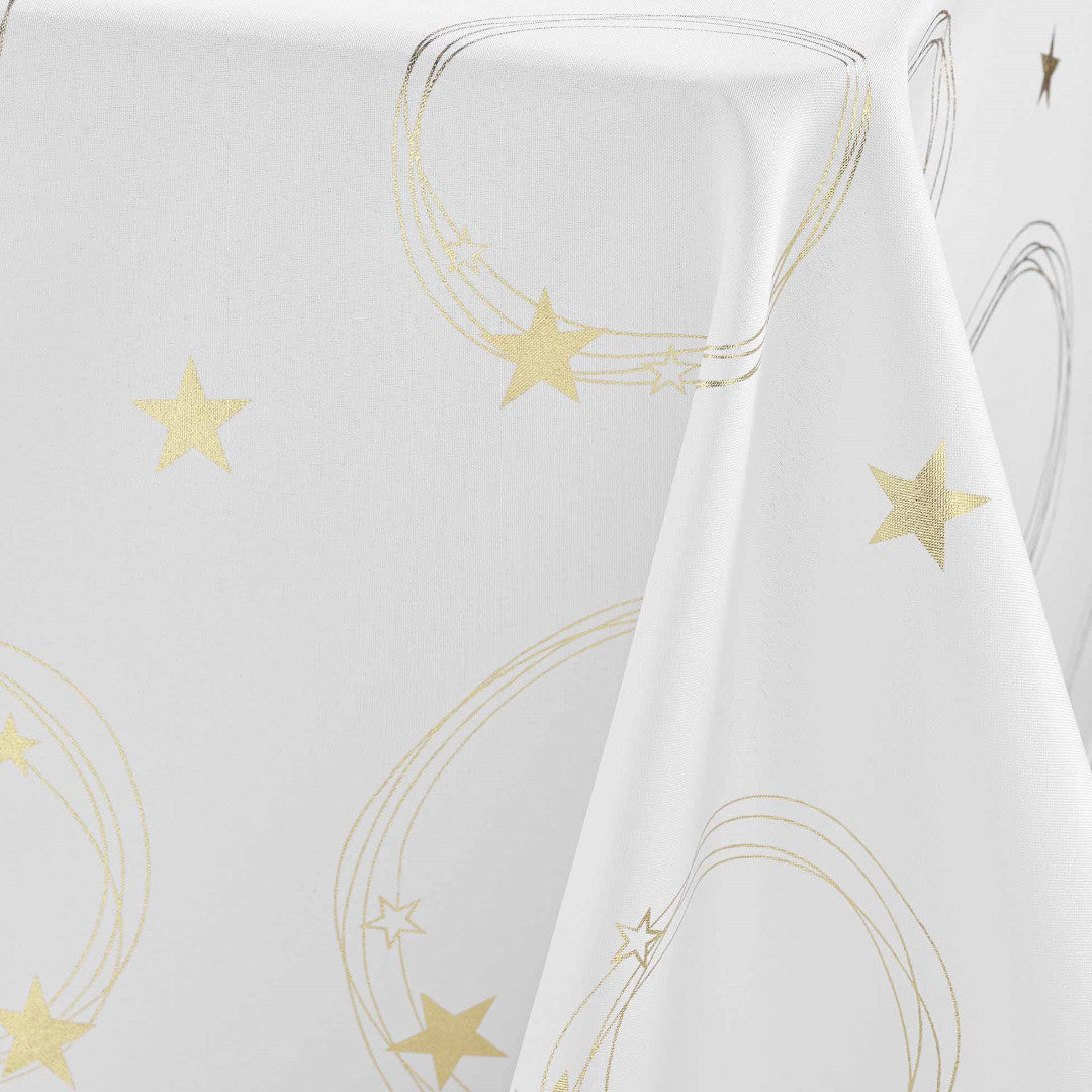 Nærbillede af hjørnet på Star 150 x 300 cm hvid juledug med guldprint