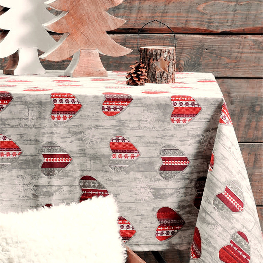 Taninges Juledug ecru rød, akryldug med antiplet, 155 cm bred