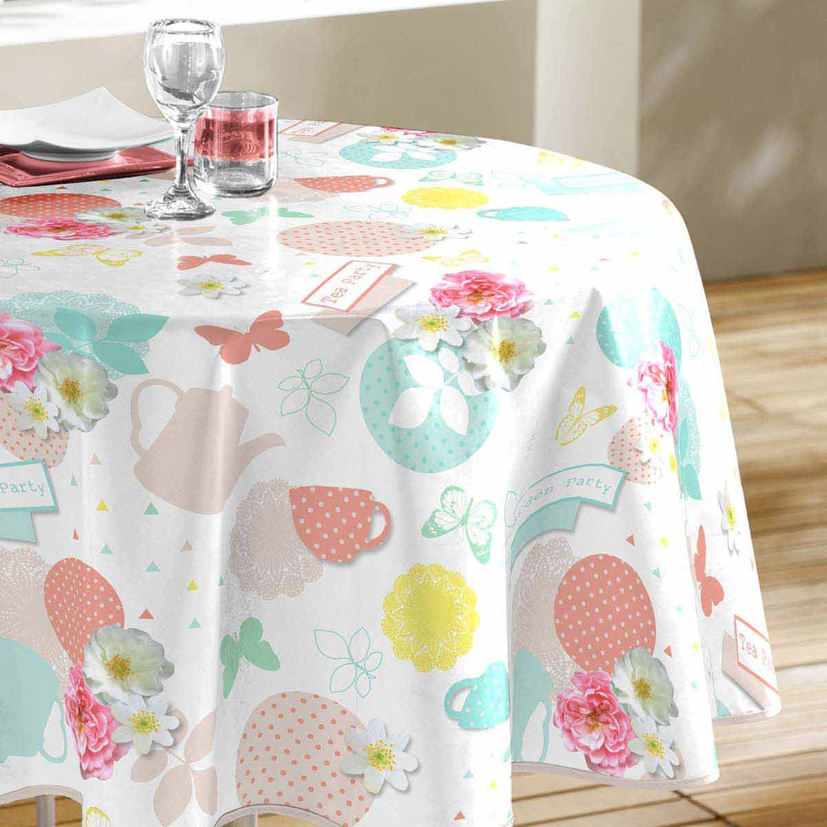 Tea Party - Rund voksdug med tekander, Ø 155 cm