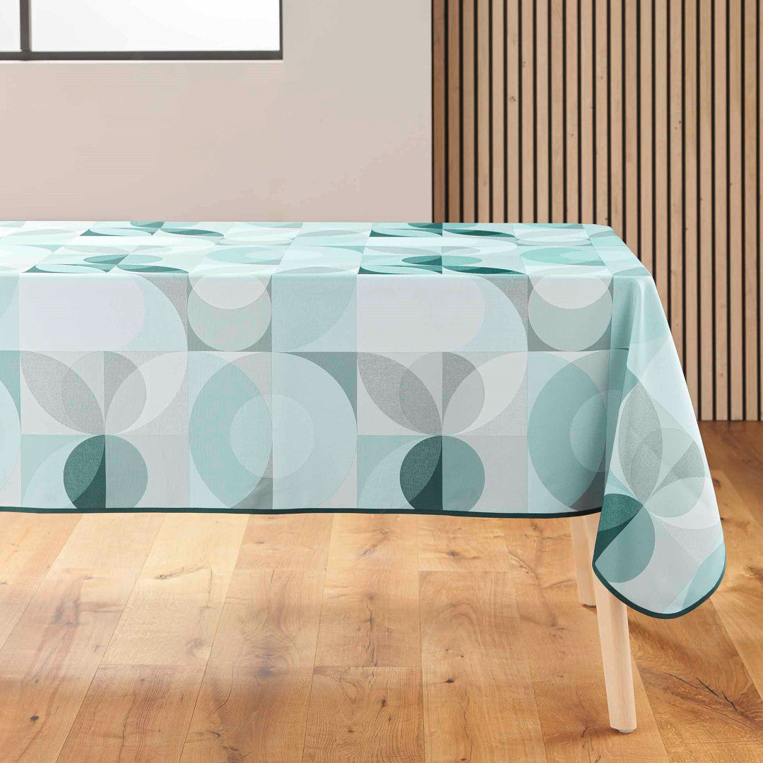 Tessouro Sage rektangulær dug med cirkulære mønstre i grønne og grå nuancer