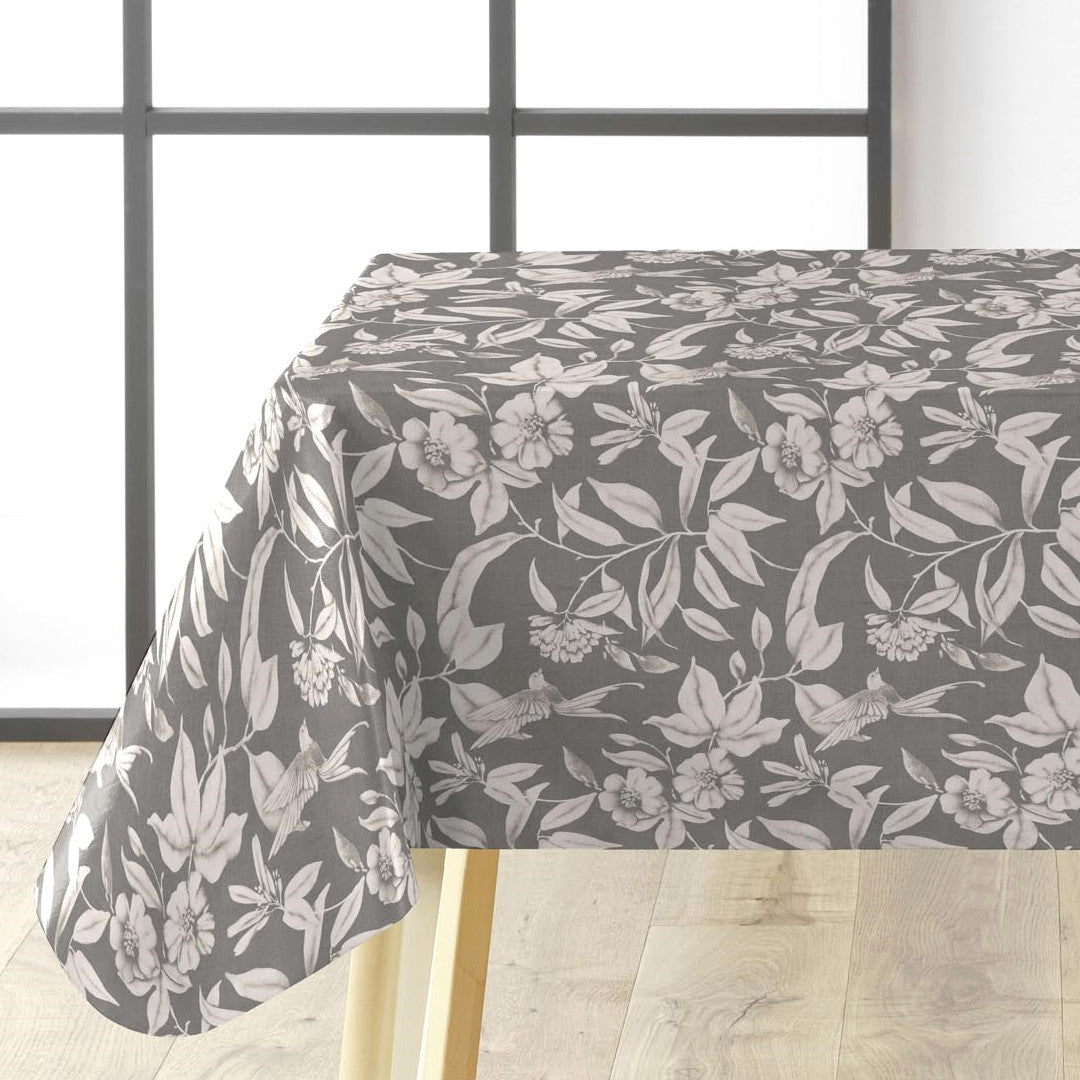 Textilia Miosotis Grey voksdug med hvide blomster og grå bund