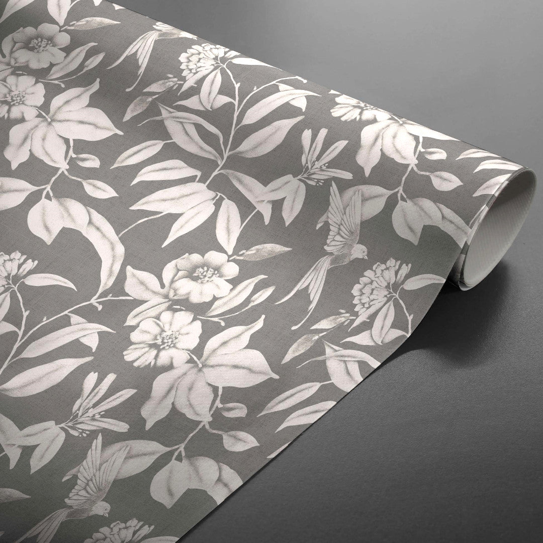 Rullet Textilia Miosotis Grey voksdug med blade og grå hørlook