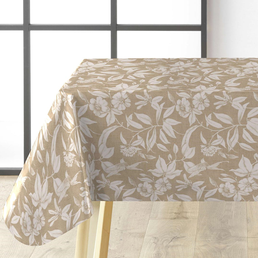 Textilia Miosotis Natur voksdug med naturfarvet hørlook og bladtegninger