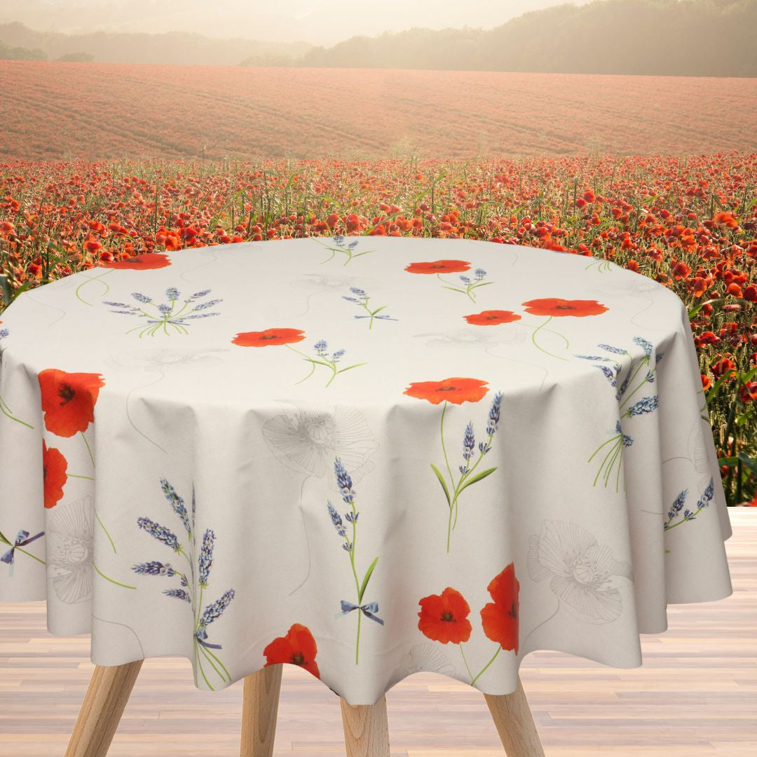 Textilia Sisteron - Lys grå/beige farvet voksdug med valmuer og lavendel