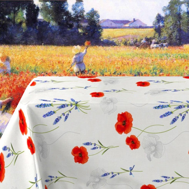 Textilia Sisteron - Lys grå/beige farvet voksdug med valmuer og lavendel