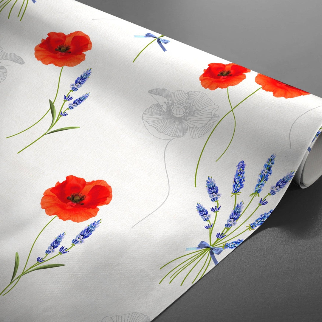 Textilia Sisteron - Lys grå/beige farvet voksdug med valmuer og lavendel