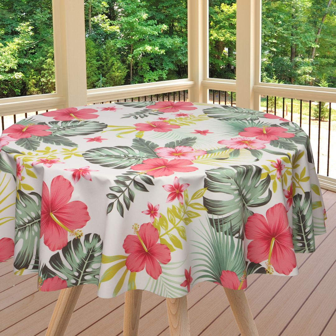 Textilia Bella White - Rund voksdug med blomster og blade