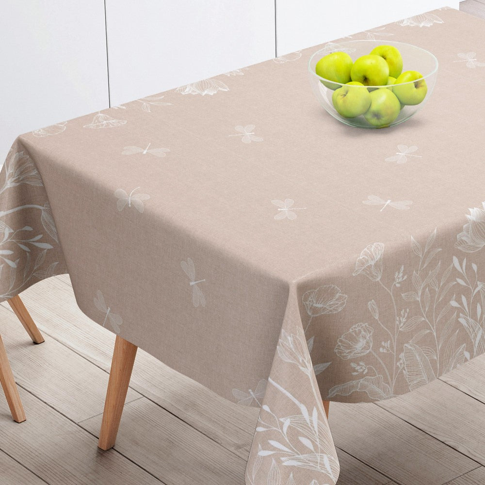 Textilia Fleurs White - Voksdug i hørlook med hvide blomster og sommerfugle