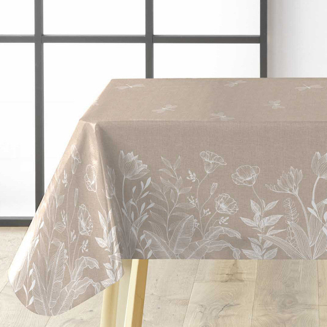 Textilia Fleurs White - Voksdug i hørlook med hvide blomster og sommerfugle