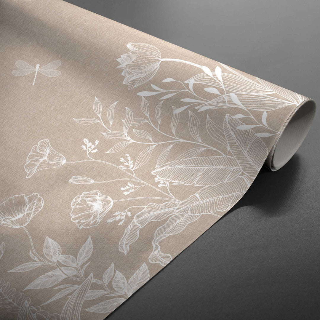 Textilia Fleurs White - Voksdug i hørlook med hvide blomster og sommerfugle