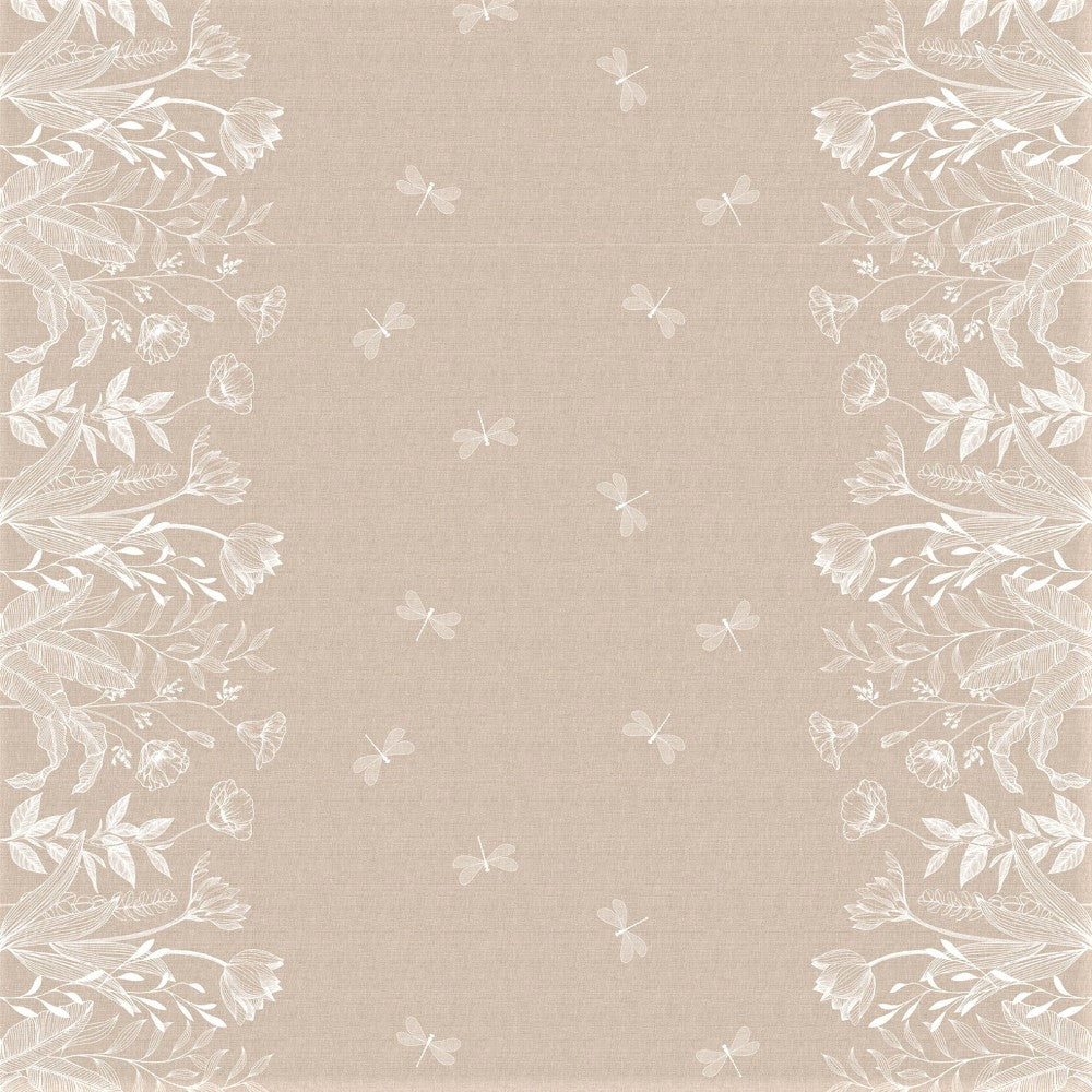 Textilia Fleurs White - Voksdug i hørlook med hvide blomster og sommerfugle