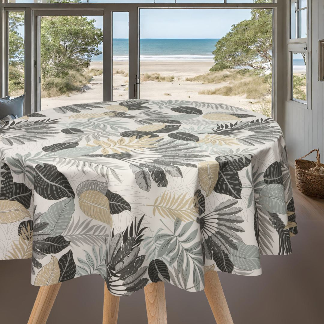 Textillia Panazio Linen - Rund lys voksdug med tropiske blade
