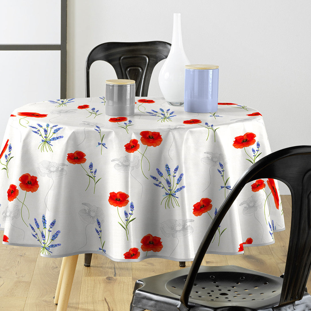 Textilia Sisteron - Rund voksdug med valmuer og lavendel, Ø 155 cm