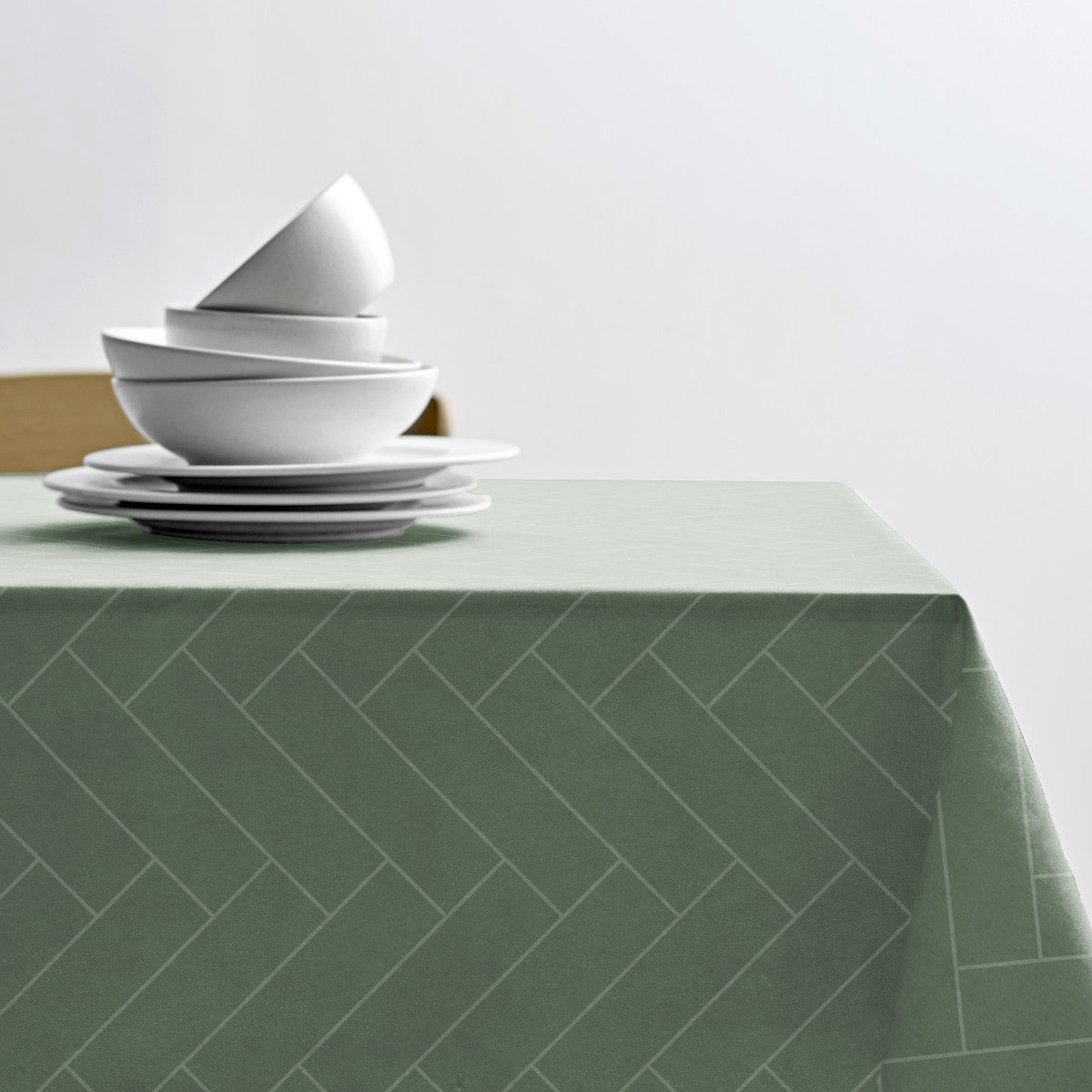 Tiles Hedge Green - Södahl damaskvævet akryldug 100% bomuld med antiskrid, miljøbillede