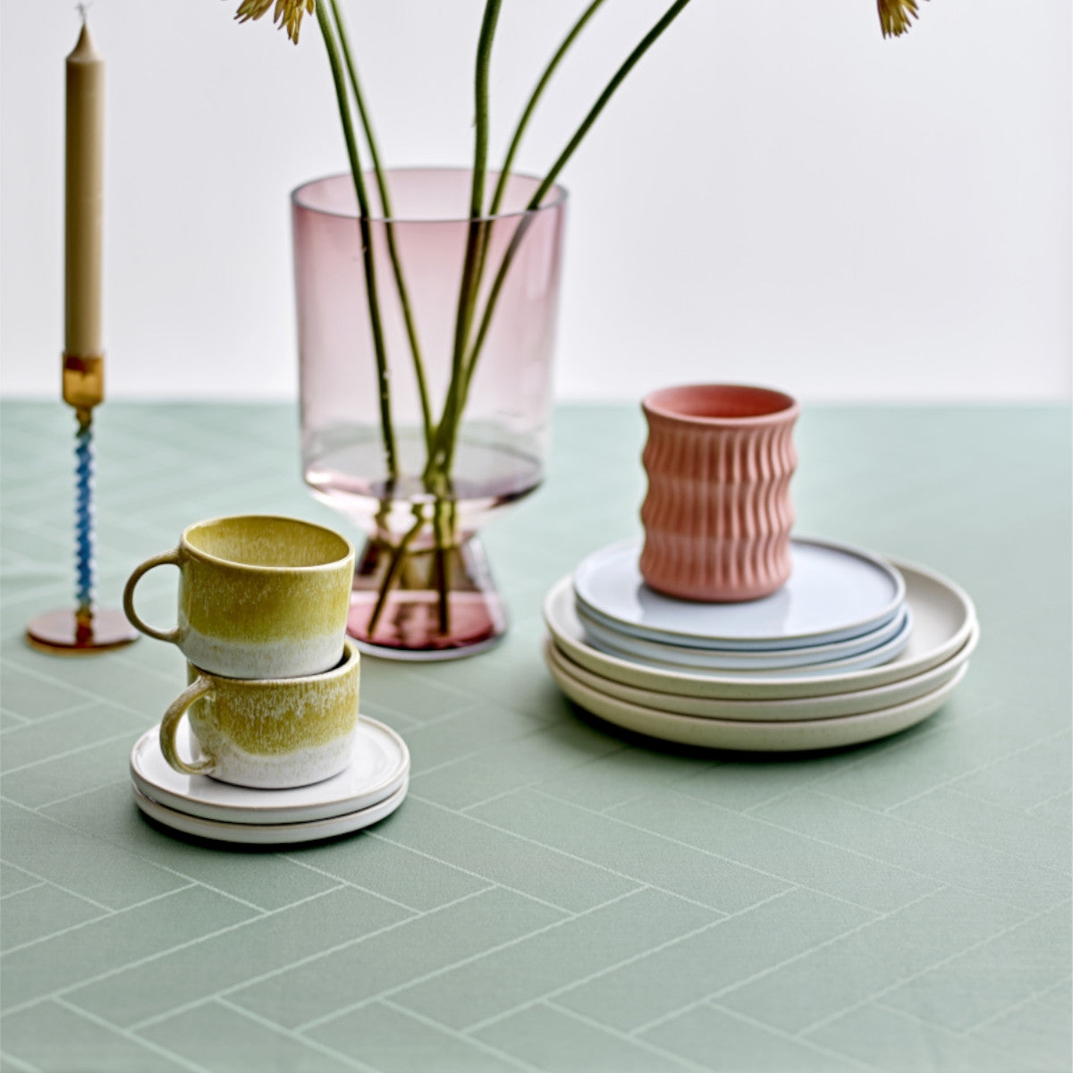 Tiles Hedge Green - Södahl damaskvævet akryldug 100% bomuld med antiskrid, nærbillede