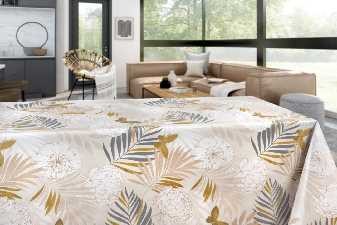 Tropisk Have - Lys creme voksdug med tropiske planter og sommerfugle