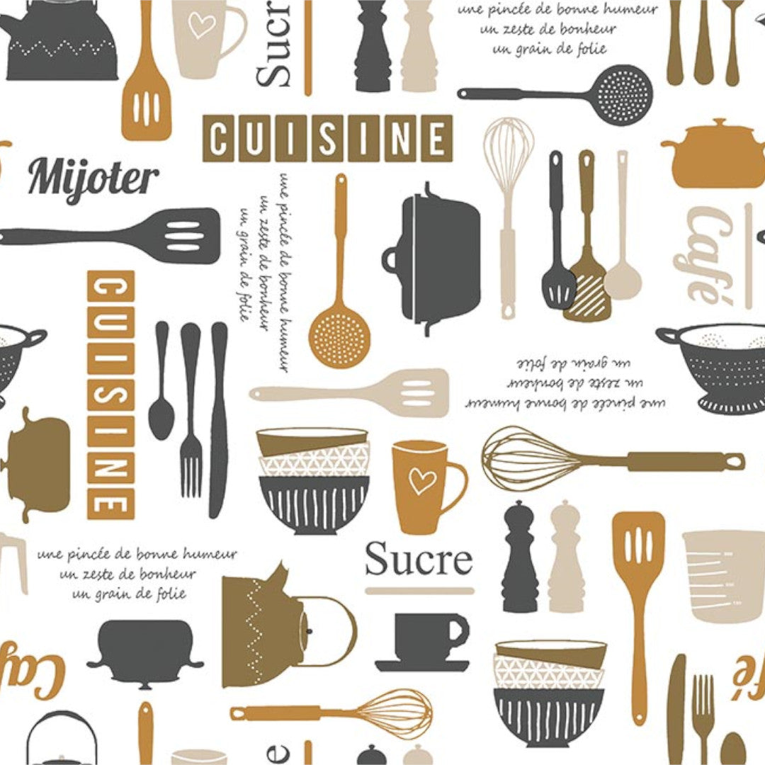 Velkommen i Køkkenet - Hvid voksdug med diverse køkkenredskaber