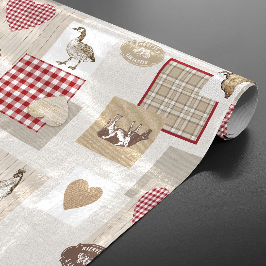 Velkommen til Gården - Voksdug med rustikt og landlig stemning, rullet