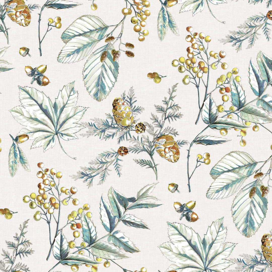 Voksdug med frostgrønne blade, grankogler og gyldne bær, nærbillede