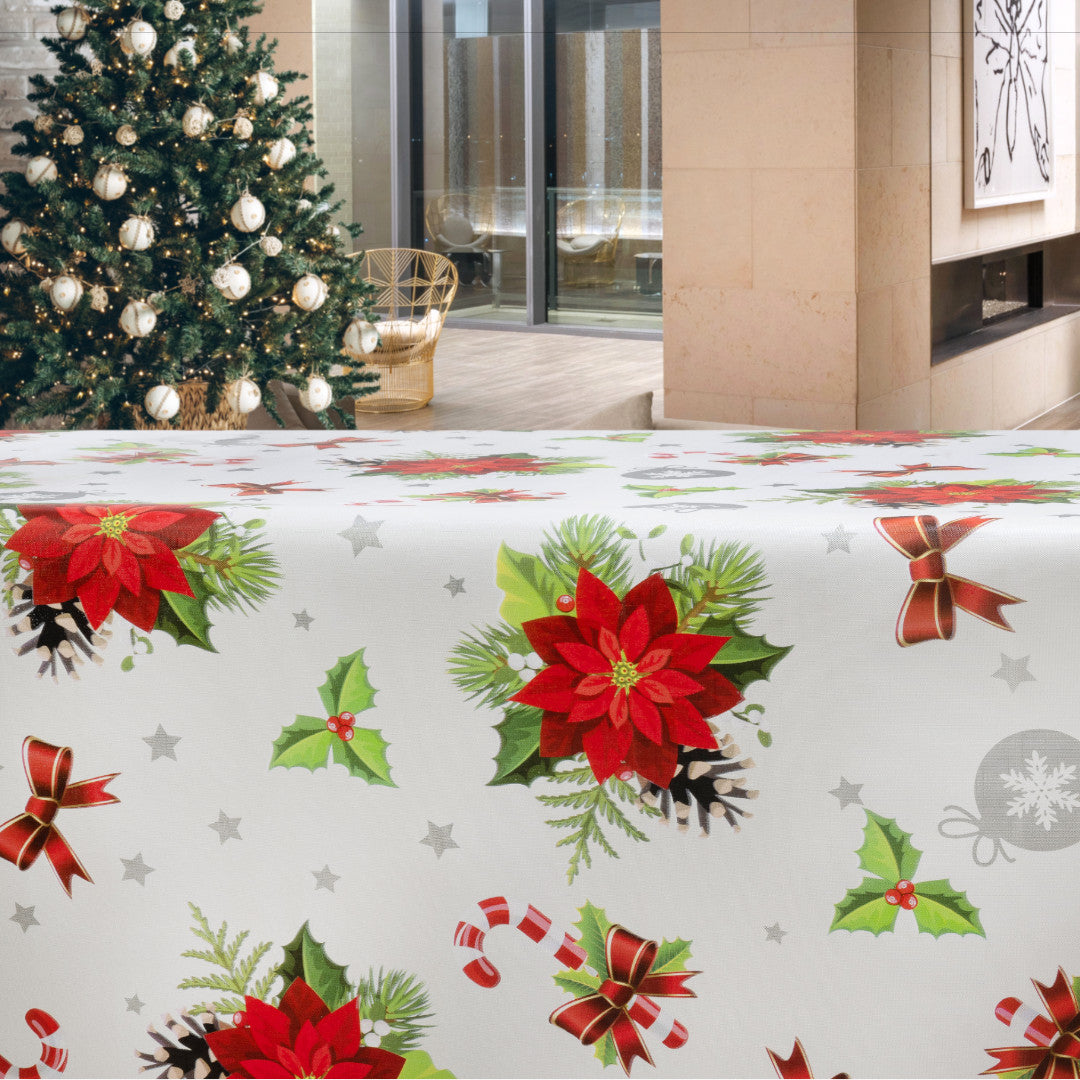 Vinterhvid Jul - Voksdug med røde julestjerner og juletræ