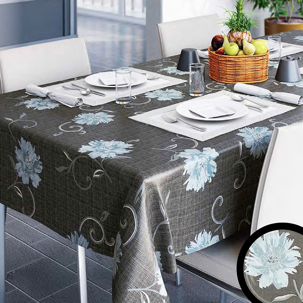 Viviane Antracite, voksdug med blå blomster