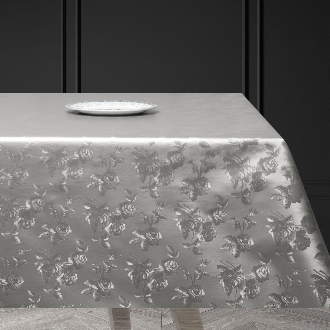 Damask Rose Sølv – Voksdug med flot præget damask mønster.