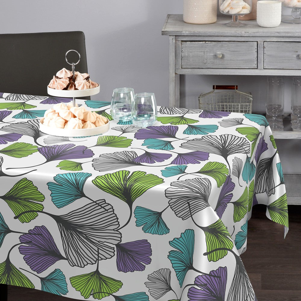 Ginkgo - Voksdug med ginkgo biloba blade i lilla grøn turkis grå