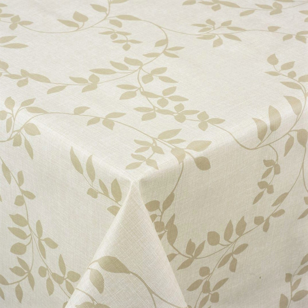 Voksdug med hørlook og klassisk bladmønster, beige