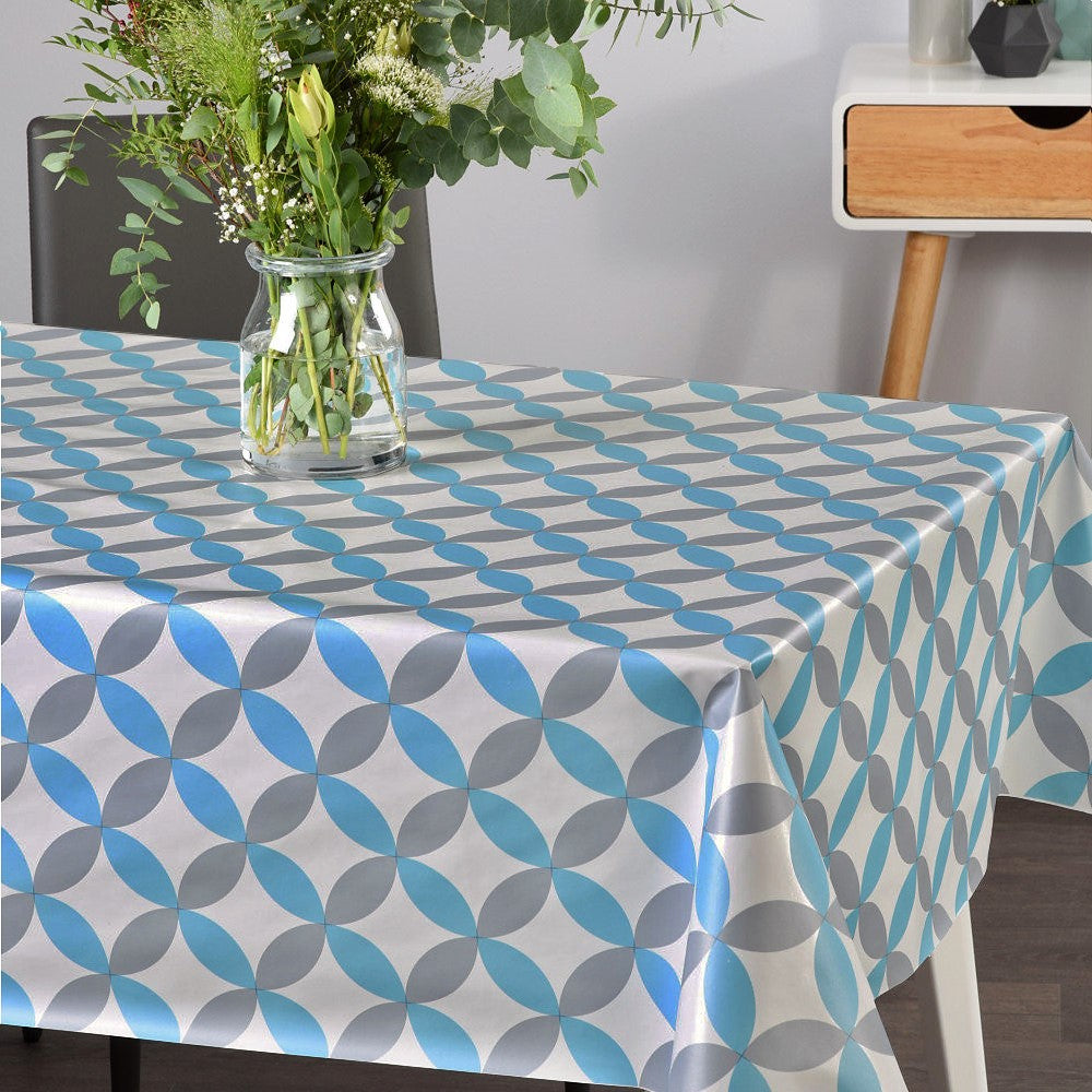 Luna Blue - Hvid voksdug med retro cirkelmønster