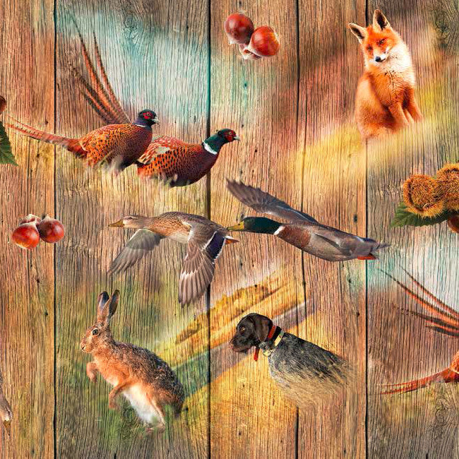 Voksdug med jagt og dyr på træplanker