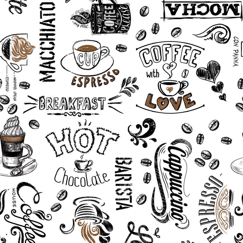 Værsgo, kaffen er serveret - voksdug med tekster, kopper og kaffebønner