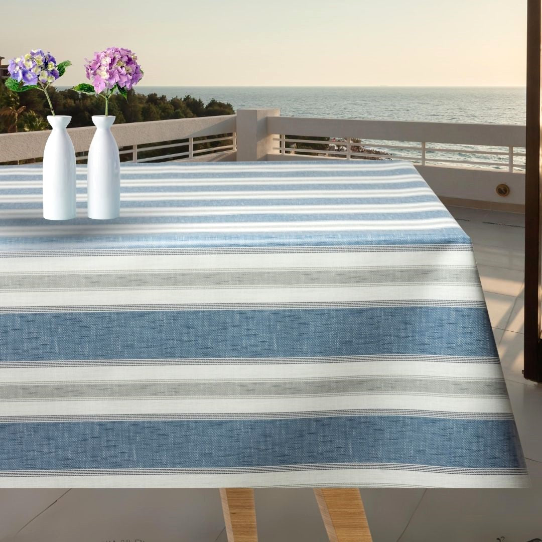 Volmer Striber Denim blå - Glat voksdug med hørlook til havebord