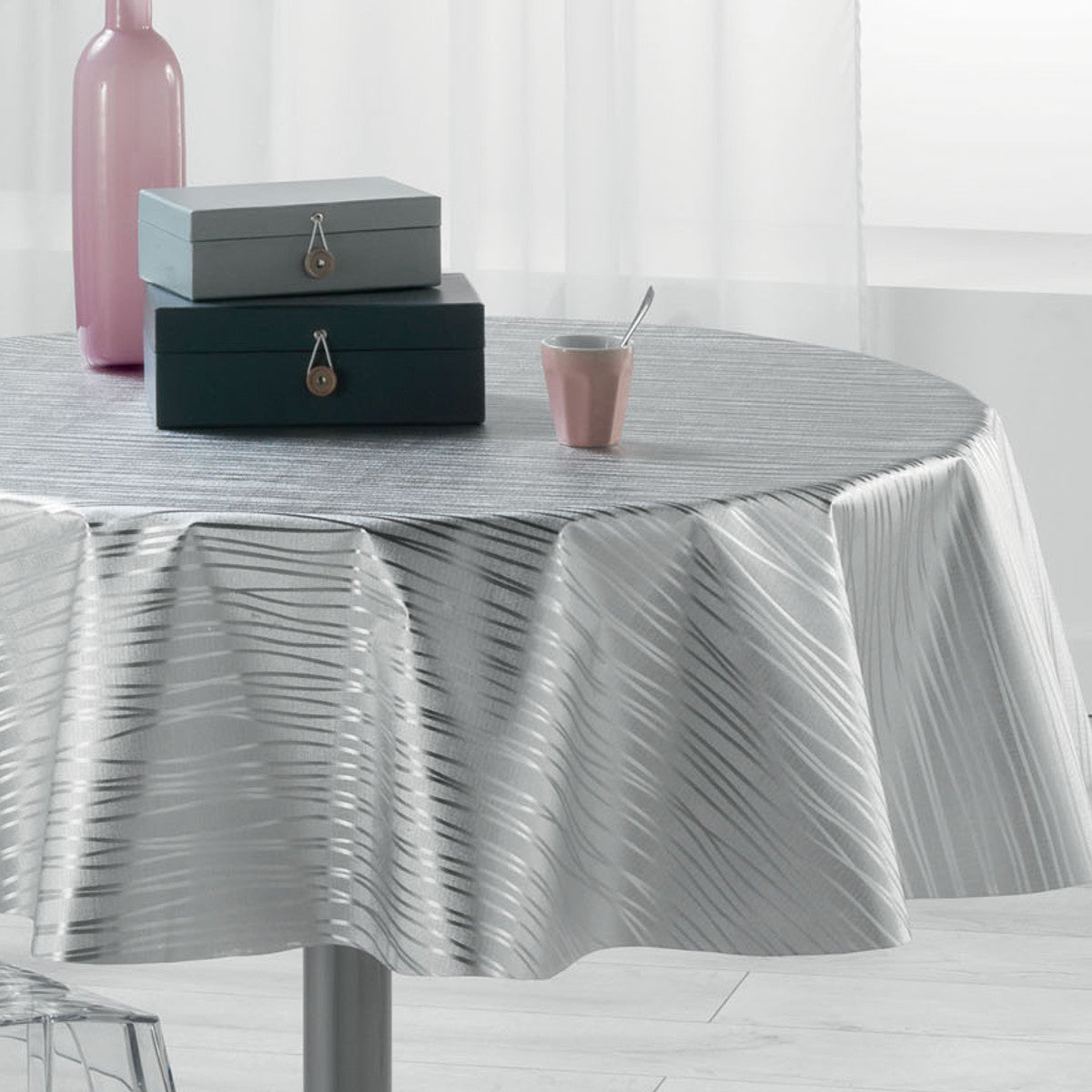 Metallise Wavy grå - Rund voksdug, Ø 155 cm