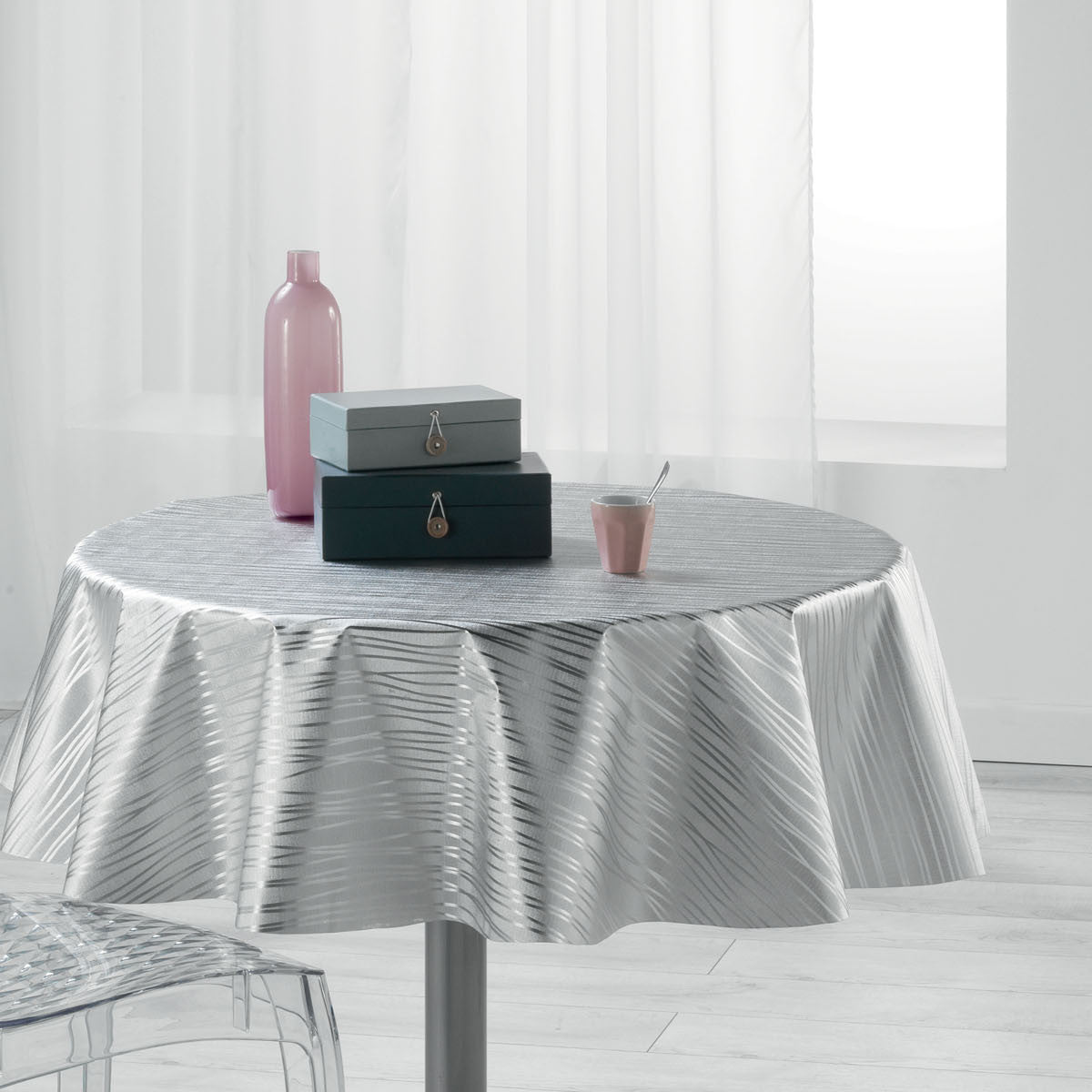 Metallise Wavy grå - Rund voksdug, Ø 155 cm