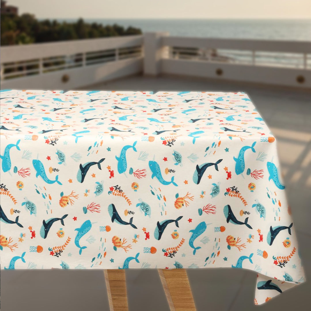 Willie Bleu - Akryldug med hvaler og havdyr - 155 cm bred