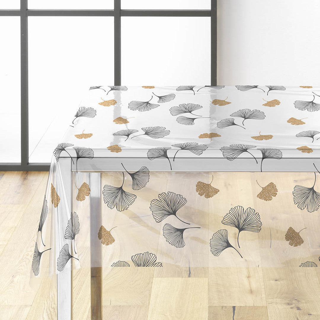 Ylisse - Gennemsigtig voksdug med ginkgo blade i sort og guld, hjørne